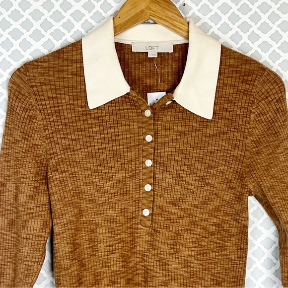 NWT LOFT Two Tone Bell Sleeve Ribbed Polo Sweater in Cocoa Powder - Picture 3 of 11